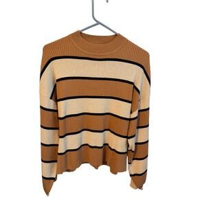 Gilli Womens Striped Ribbed Mock Neck Sweater Brown Beige Black Small NEW